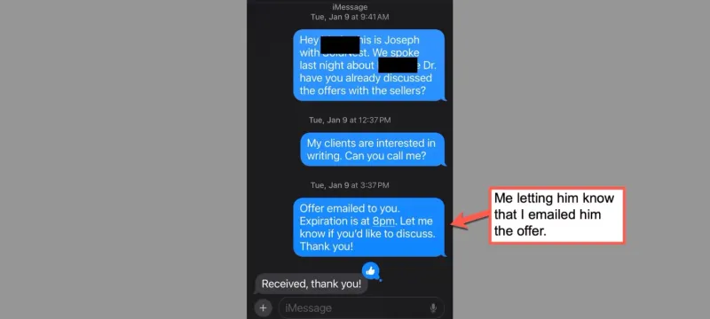 Text message confirming the buyer’s offer was emailed to the listing agent and expires at 8 PM